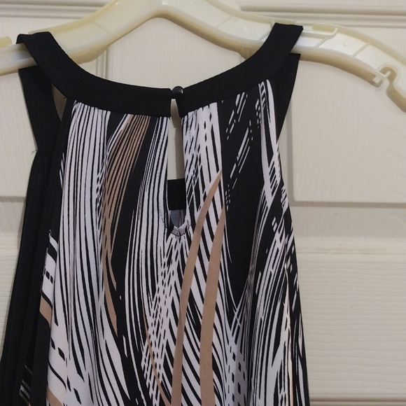 Avenue sleeveless A-trapeeze black/white beige print poly-blend dress size 30/32 - Picture 7 of 8